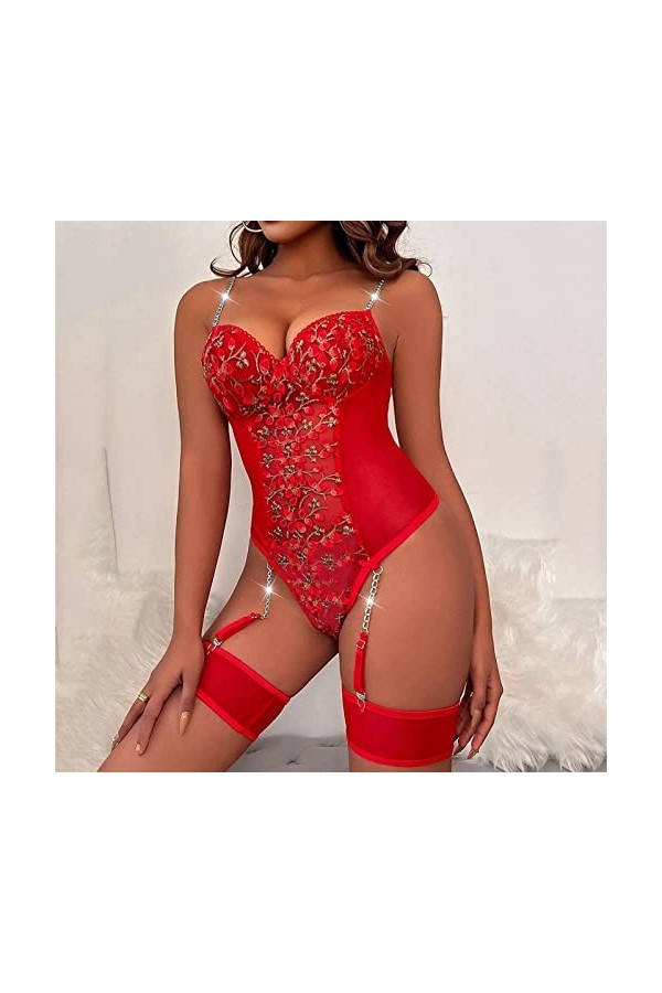 UnoSheng Débardeur sexy en dentelle pour femme - Broderie florale - Chaîne attachée - Jarretière en peluche - Avec anneau de 