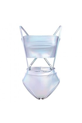 Tenues de rave pour femme, lot de 2 pièces avec haut tube holographique brillant et bas de jarretelles métalliques des années