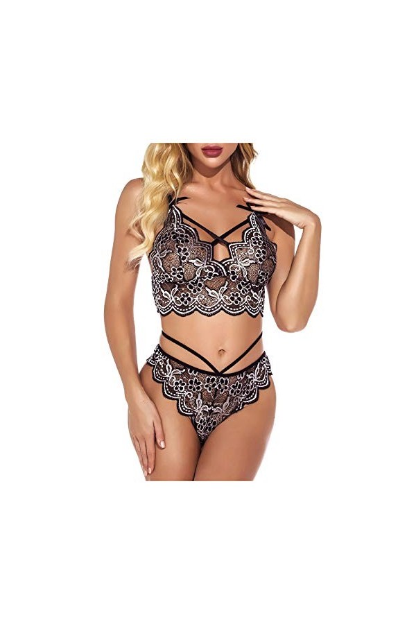 sous-Vetements Femme Dentelle Lingerie Sexy Ensemble 2 Pièce Ensemble Soutien Gorge et String Erotique Vêtements De Nuit Sexy