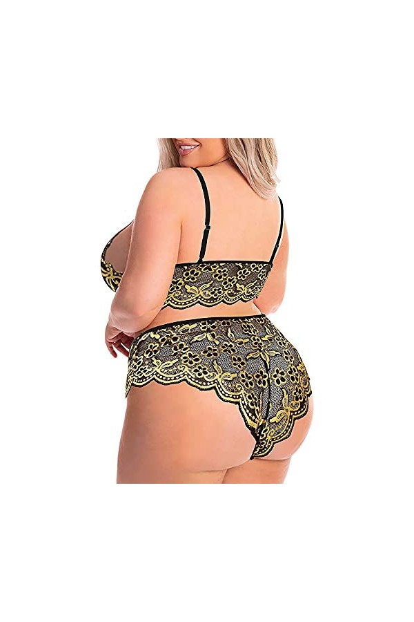 Ensemble de lingerie sexy en dentelle pour femme - Plus de taille - 2 pièces - Soutien-gorge et culotte - Nuisette transparen