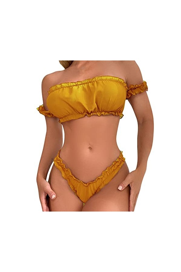 Jiabing Ensemble de Pyjama Sexy pour Femme en Dentelle Cami et Short Lingerie en Satin Deux pièces Tenue en Cuir Sexy Yellow