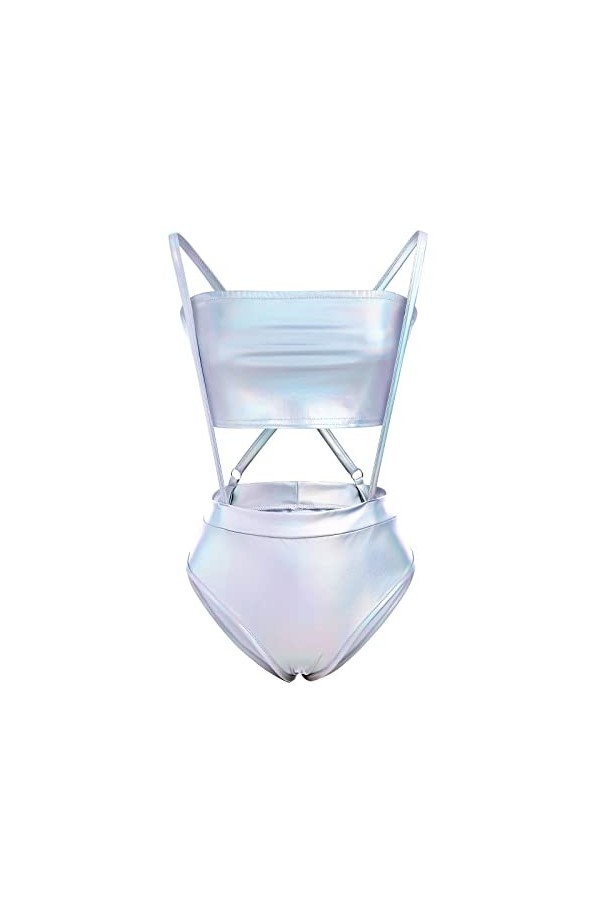 Tenues de rave pour femme, lot de 2 pièces avec haut tube holographique brillant et bas de jarretelles métalliques des années