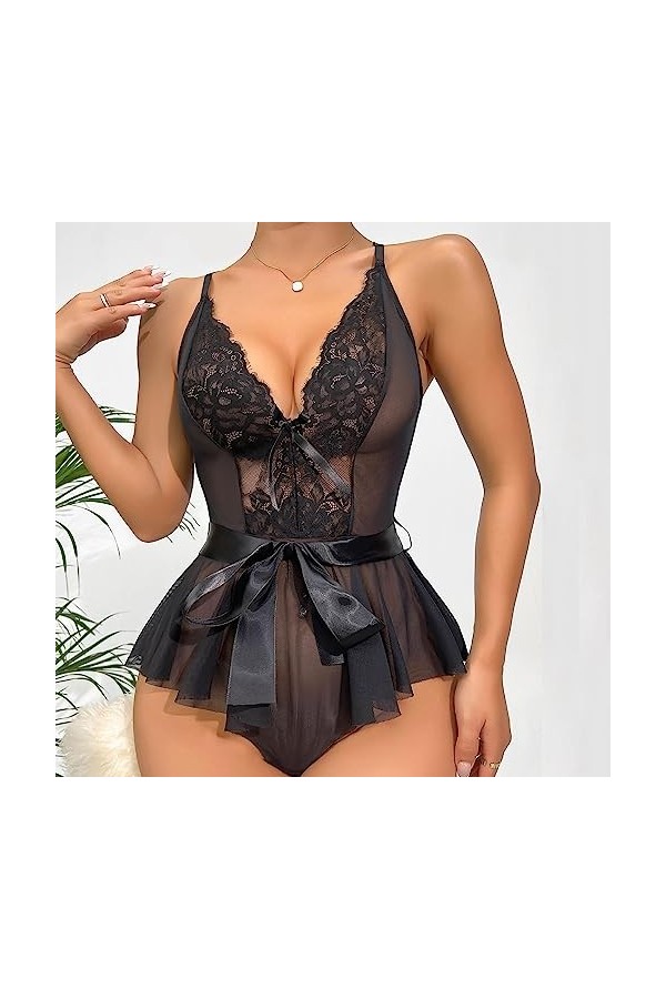 Lingerie Femme Sexy Ensemble Homme Sexy Hot y21k Body Sexy en Dentelle en Maille Patchwork pour Femme avec Ceinture et nœud L