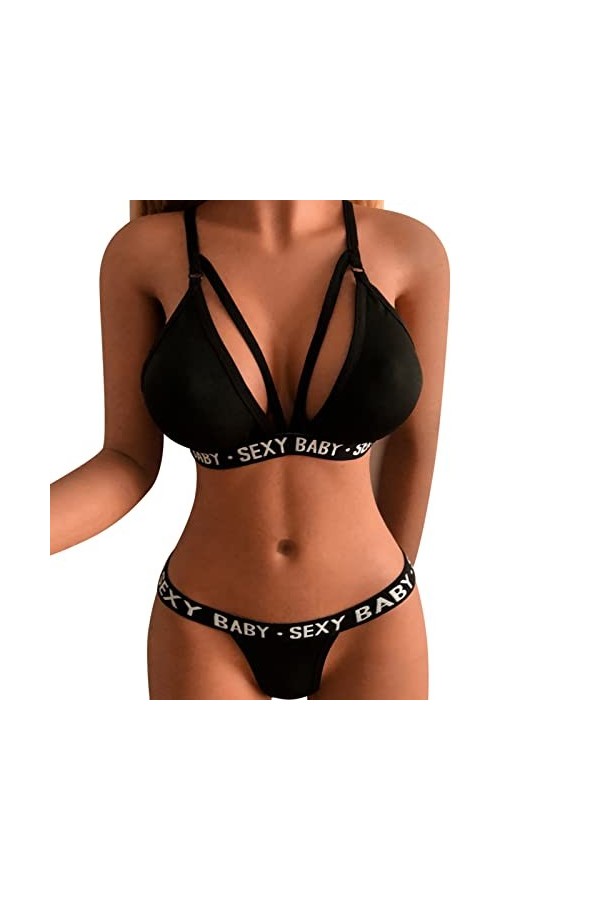LDadgf Lingerie sexy pour femme - Lettres imprimées Bralette et culotte - Ensemble de lingerie 2 pièces - Vêtements alternati