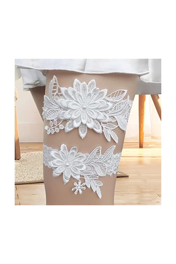 Visiblurry Mariage pour mariée - Jarretière en Dentelle avec Marguerite et Perles | Perles Jambe, jarretière Florale, Cadeau 