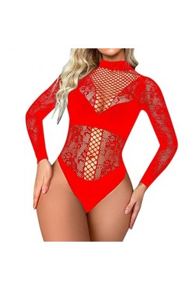 Générique Maille à Manches Longues Bas séduisant Manteau en Maille Sexy serré W572 Combinaison Résille Sexy Red, One Size 