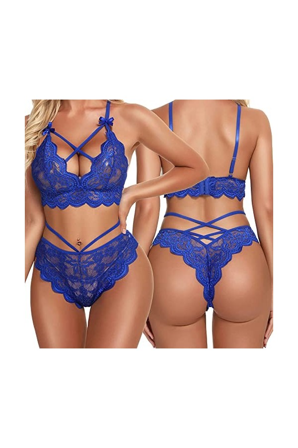 MKIUHNJ Sexy Costume Femme Trois Points Lingerie Sexy Dentelle Soutien-gorge Culotte Deux Pièces Sous-Vêtements Sexy Femme, b