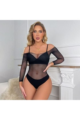 Combinaison Lingerie Femmes Lingerie Manches Longues Body Sexy Mesh Teddy sous-Vêtements De Sexy Black, One Size 
