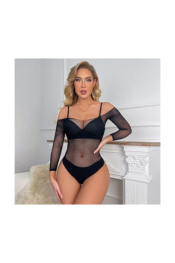 Combinaison Lingerie Femmes Lingerie Manches Longues Body Sexy Mesh Teddy sous-Vêtements De Sexy Black, One Size 
