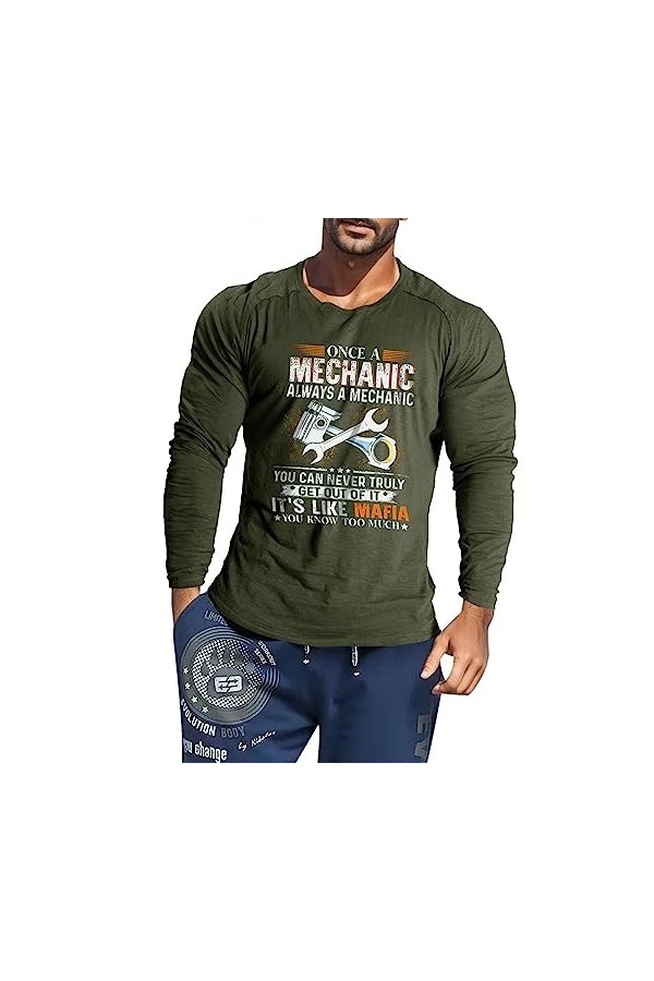T-shirt imprimé à manches longues pour homme - Style vintage - Style sportif décontracté - Coupe ajustée - Pour homme - Coupe