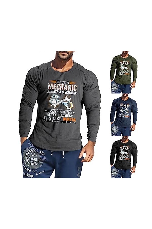 T-shirt imprimé à manches longues pour homme - Style vintage - Style sportif décontracté - Coupe ajustée - Pour homme - Coupe