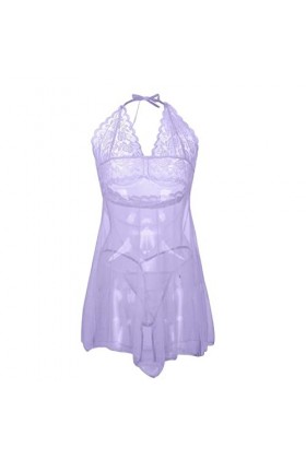 Lingerie Sexy, Femme Nuit sous-Vêtements Sexy Pyjama Une Pièce en Maille De Couleur Unie Lingerie String Combinaison Cuir Lin