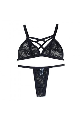 liaddkv Ensemble de lingerie en dentelle pour femme avec bralette et culotte Noir, Noir , XL