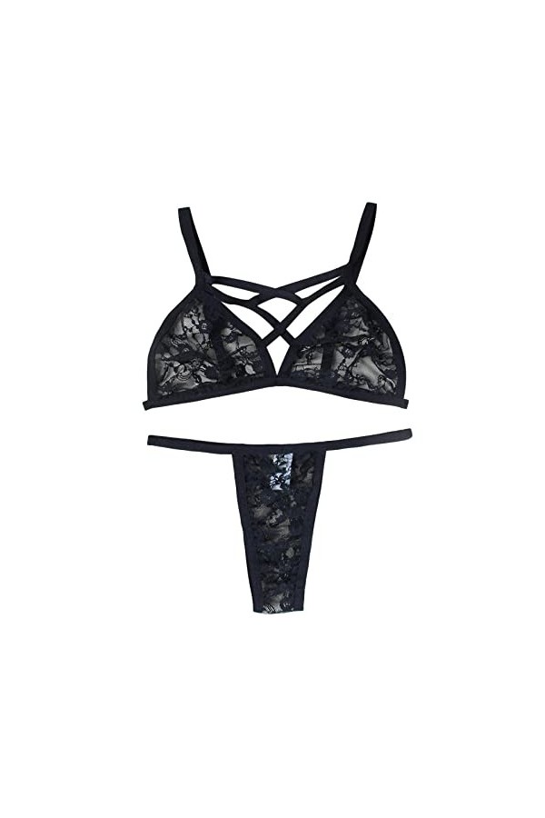 liaddkv Ensemble de lingerie en dentelle pour femme avec bralette et culotte Noir, Noir , XL