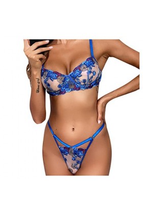 liaddkv Ensemble de lingerie sexy en dentelle avec anneau en acier et bretelles pour femme, bleu, S