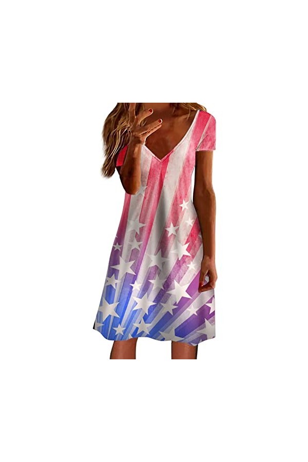 Robe Mesdames dété à Manches Courtes Fashion Dress V Neck Swing Flowy Robe Confortable Robe Bandeau Femme Hot Pink, M 