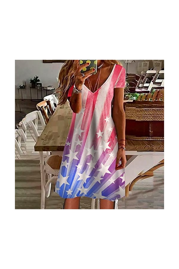 Robe Mesdames dété à Manches Courtes Fashion Dress V Neck Swing Flowy Robe Confortable Robe Bandeau Femme Hot Pink, M 