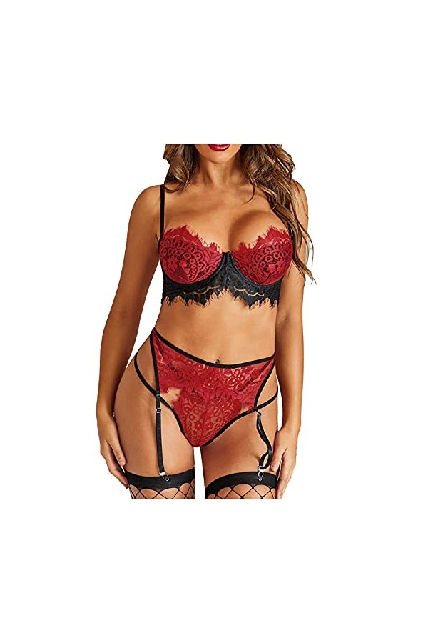 liaddkv Lingerie sexy en dentelle avec bretelles en polyester pour le port de Daily Women Lingerie Sexy Satin, Bordeaux, XL