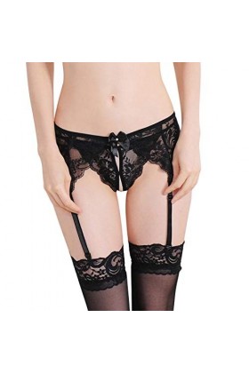 Femme Sexy Couleur unie Dentelle Bowknot Clips Jarretière Ceinture Sangle pour Bas - Rose Taille Unique - Noir - Taille Uniqu