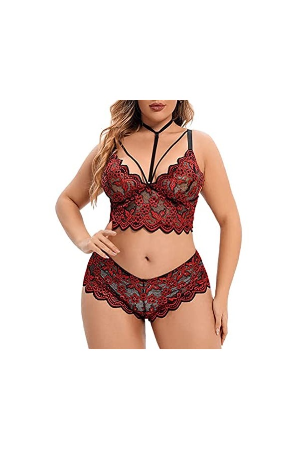 Ensemble de 2 culottes et soutien-gorge sexy en dentelle florale sans armatures - Taille haute - Taille M, Bordeaux, M