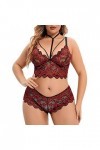 Ensemble de 2 culottes et soutien-gorge sexy en dentelle florale sans armatures - Taille haute - Taille M, Bordeaux, M