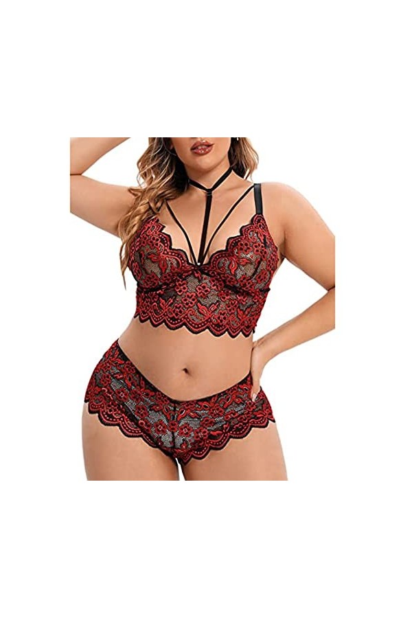 Ensemble de 2 culottes et soutien-gorge sexy en dentelle florale sans armatures - Taille haute - Taille M, Bordeaux, M