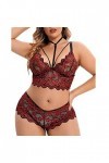 Ensemble de 2 culottes et soutien-gorge sexy en dentelle florale sans armatures - Taille haute - Taille M, Bordeaux, M