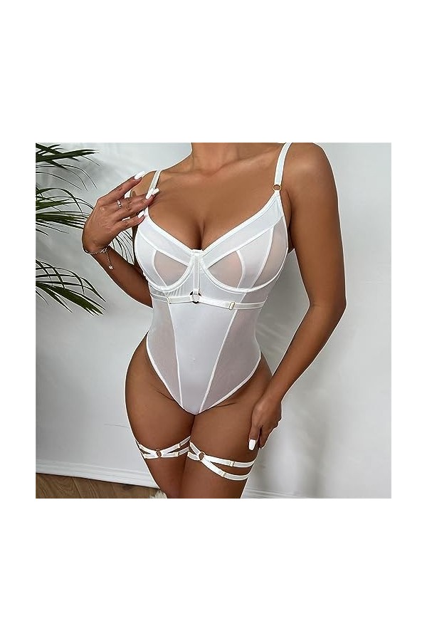 Body en Dentelle pour Femme Tout-en-Un Mesh Doll Teddy Panty Combinaison de sous-vêtements à col V évidé Blanc,S 