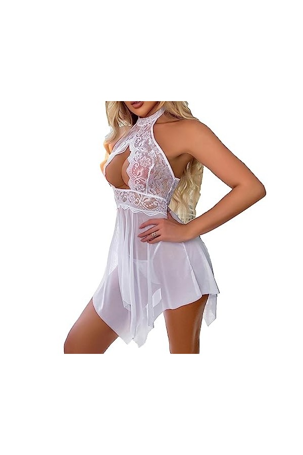 ZDJSWJ Pyjama en Dentelle Tout-en-Un pour Femmes Halter Pyjama sous-vêtements évidés Teddy Fleur Dentelle Combinaison poupée 