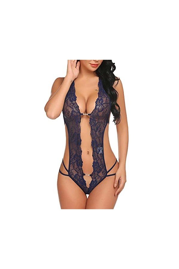 Femmes 1 Pièce Lingerie Sexy Dentelle Body Deep V Teddy Nuisettes S ~ XXL Sexy Dentelle Blanc Dark Blue, XL 