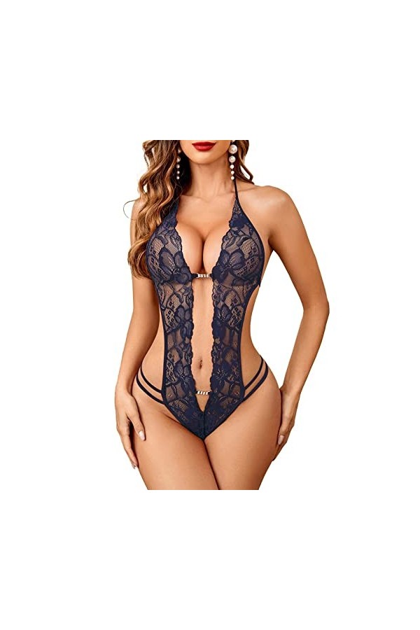 Femmes 1 Pièce Lingerie Sexy Dentelle Body Deep V Teddy Nuisettes S ~ XXL Sexy Dentelle Blanc Dark Blue, XL 