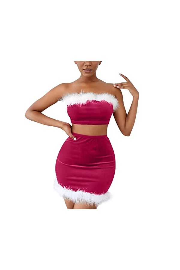 Lingerie érotique pour Femmes Sexy Dentelle en Peluche Mot Cou Wrap Poitrine Pyjama de Noël Lingerie Lapin Sexy Hot Pink, M 