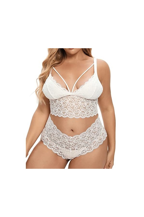 Plus Size Lingerie Sexy Col V Taille Haute Dentelle Florale Soutien-gorge et Culotte Ensemble 2 Pièces Sans Armature Tenue Fe