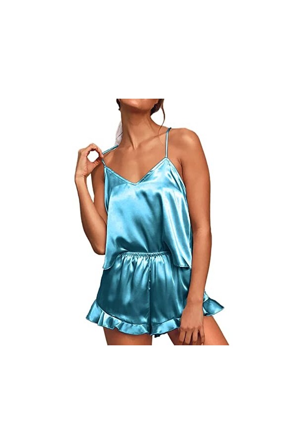 IKFIVQD Lingerie sexy en dentelle pour femmes, sous-vêtements sexy en satin de soie à volants ensembles de pyjamas shorts ens