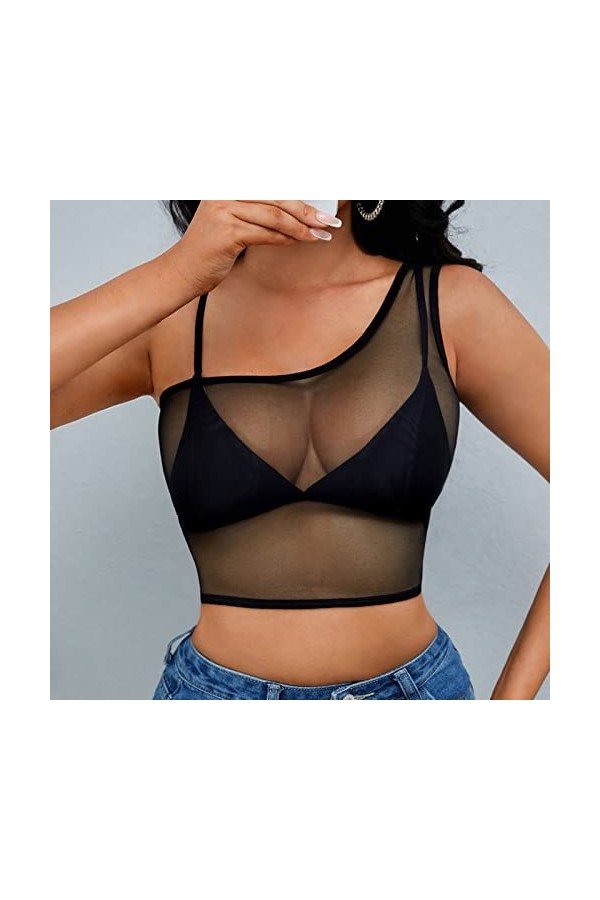 Haut décontracté sans manches pour femme en maille transparente pour femme, Noir , M