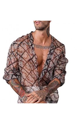 Beokeuioe T-shirt à manches longues pour homme - Couleur unie - Transparent - Vintage - Maillot de corps - Club - Pour les lo