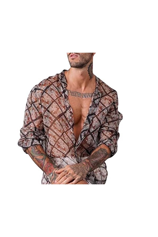 Beokeuioe T-shirt à manches longues pour homme - Couleur unie - Transparent - Vintage - Maillot de corps - Club - Pour les lo