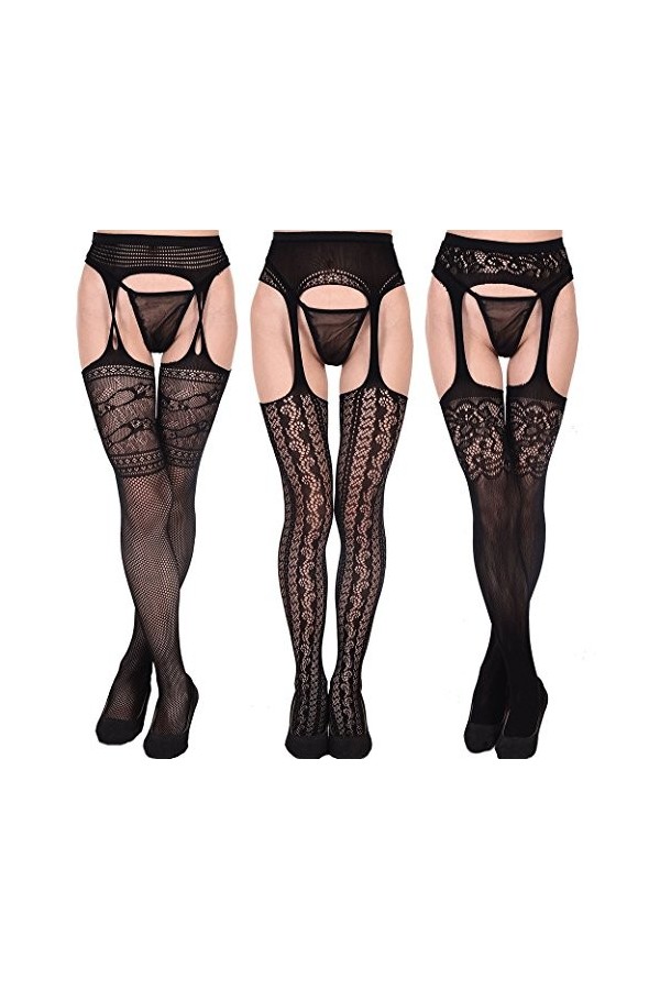Vellede Collant Resille Ouvert Pantyhose Lingerie Sexy Collants Noir 3 Pack
