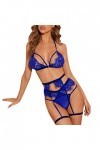 liaddkv Sous-vêtements sexy pour femmes - Dos nu - Sous-vêtements creux - Ensemble de lingerie trois pièces - Rouge, bleu, L