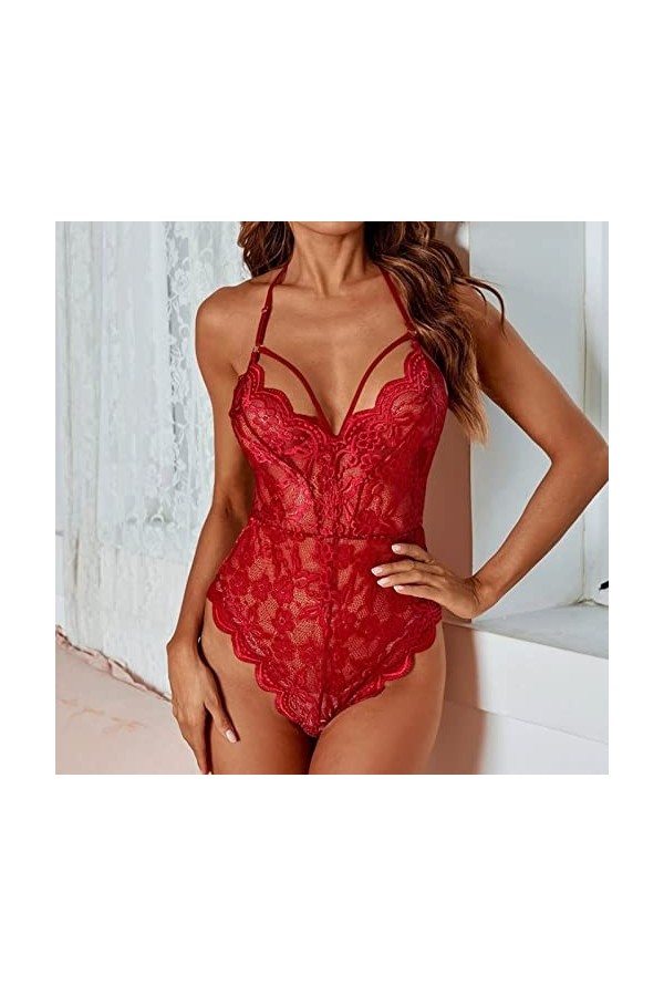 liaddkv Ensemble de lingerie sexy en maille imprimée en dentelle, rouge, XXXL