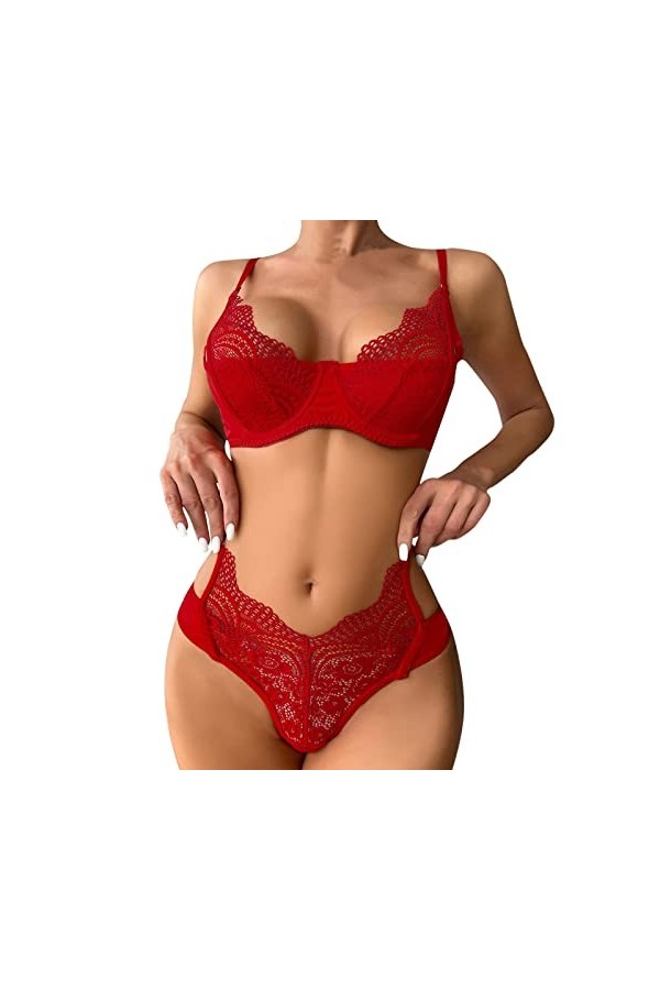 liaddkv Lingerie Femme Sexy Dentelle Crochet Décolleté Soutien-gorge Broderie et Culotte Taille Haute Push Up Ensemble Deux P