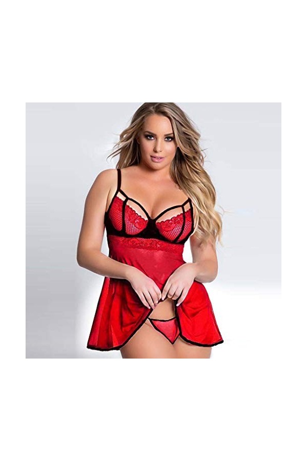 liaddkv Pyjama sexy sans fil en dentelle pour femme, rouge, S