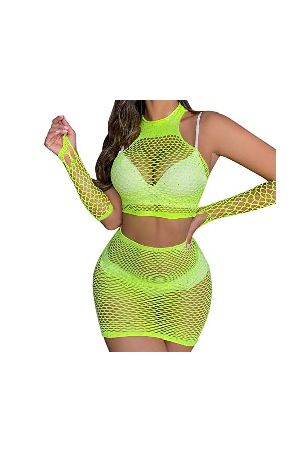 liaddkv Robe en résille pour femme - Lingerie sexy - Entrejambe ouverte, jaune, taille unique