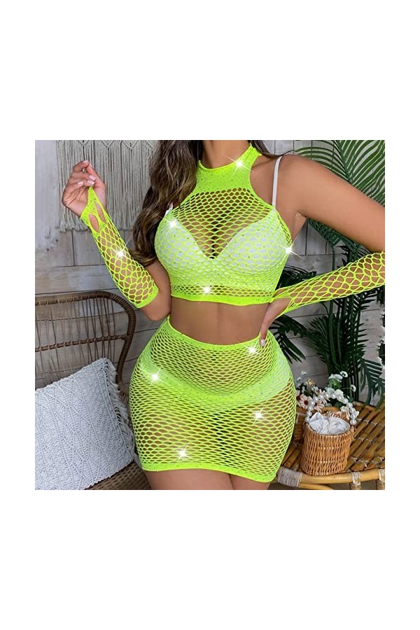 liaddkv Robe en résille pour femme - Lingerie sexy - Entrejambe ouverte, jaune, taille unique