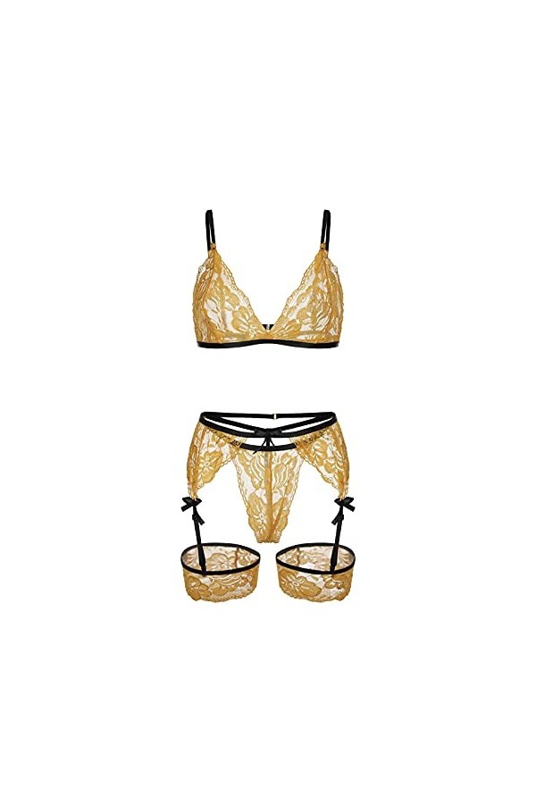 Lingerie Sexy Femme Grande Taille Brassière Femme Lingerie Polyester Porter à la Maison Femme String Homme Sexy Hot Yellow, 