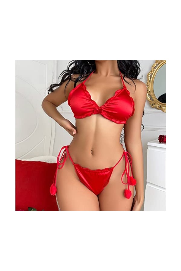 Ensemble de pyjama en satin pour femme - Costume trois points sexy élastique en satin - Boule de laine - Sous-vêtements sexy 