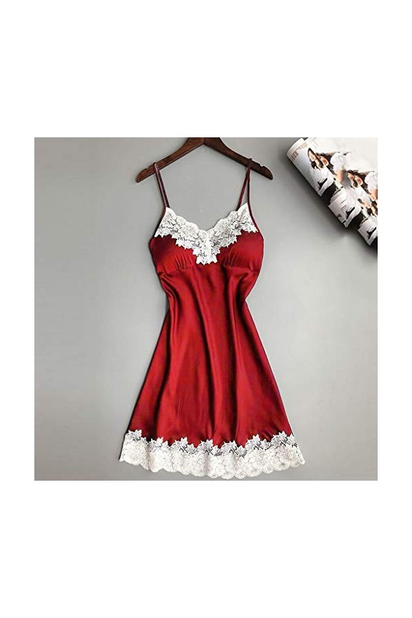IQYU Ensemble de lingerie sexy en dentelle avec porte-jarretelles et bas de nuit sexy en satin, rouge, XXL