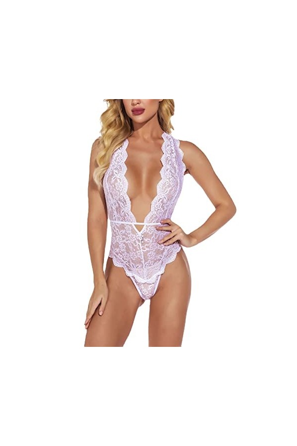 BIISDOST Femmes Sexy Lingerie Dentelle Body Solide Couleur V Profond Teddy Boudoir Tenues Lingerie Latex Taille S White, XL 