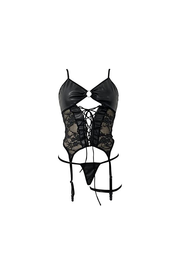 Lingerie Body G String Lingerie Femme 3 Pièces Teddy Body Lingerie Sexy Encolure Épaules Nues Connectées PU Lacets Body en Pe