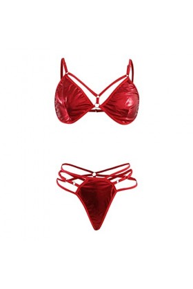 FGUUTYM Ensemble de lingerie sexy en dentelle PU avec anneau lié à la main, rouge, XL